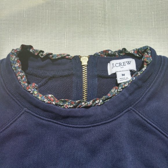 J Crew Sweatshirt, Navy Blue,Zip-up back, floral trim cuffs and neckline, Size M - Picture 3 of 4